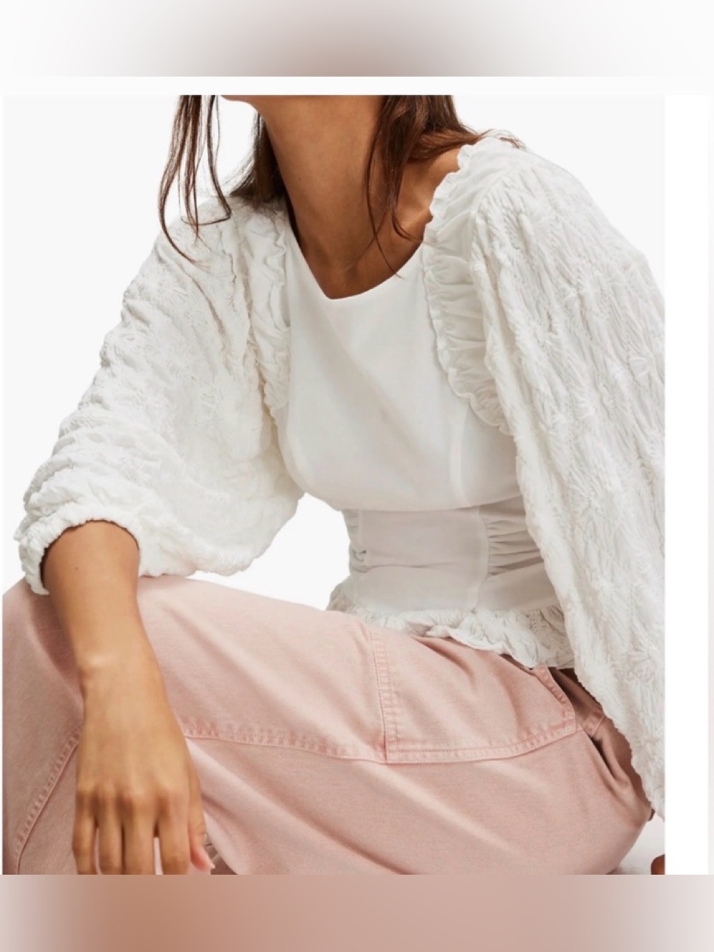 Free People Olivia Contrast Stitch Textured Puff-Sleeve NWT Size M Retail$78